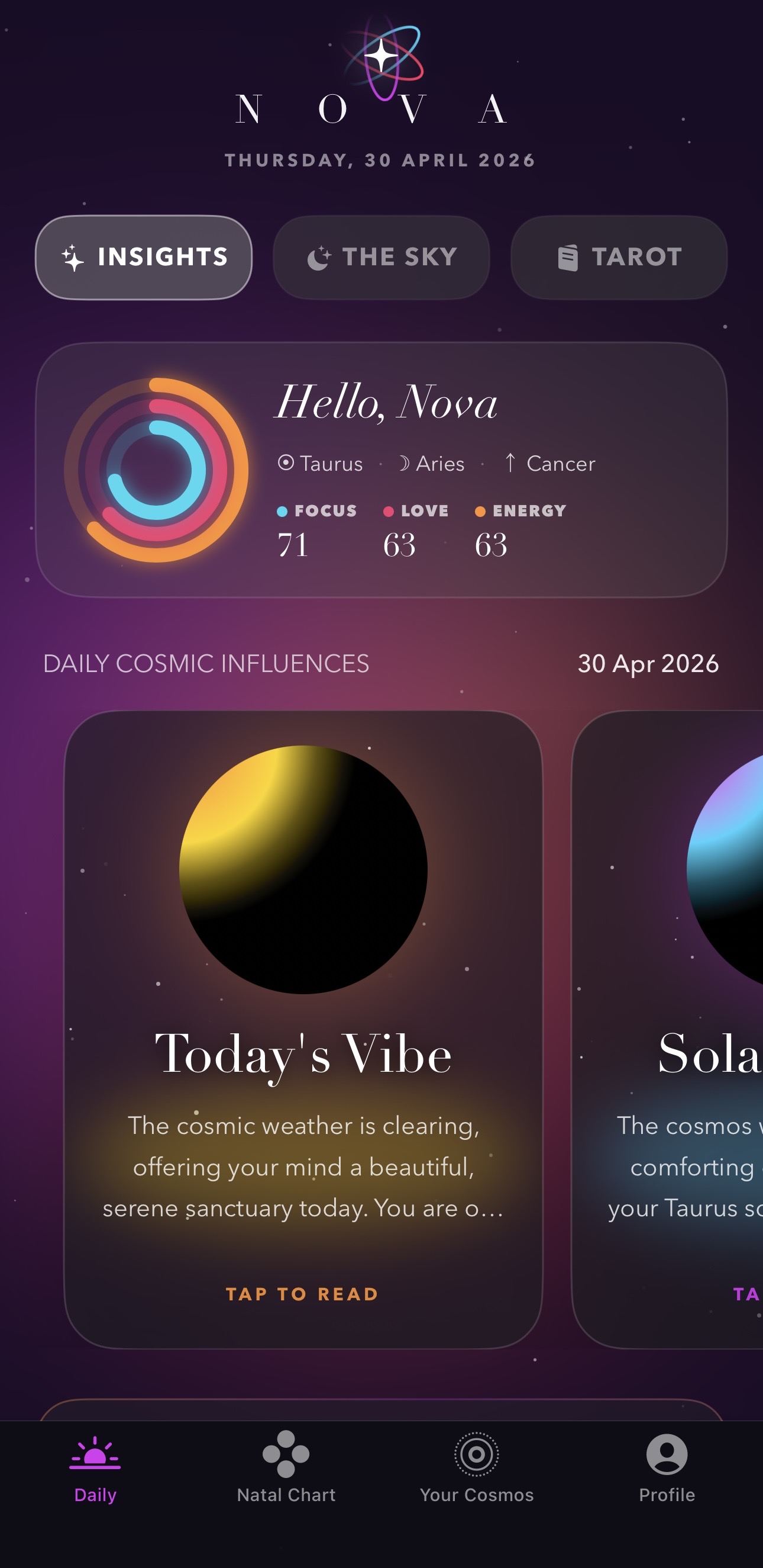 Nova app — daily cosmos screen